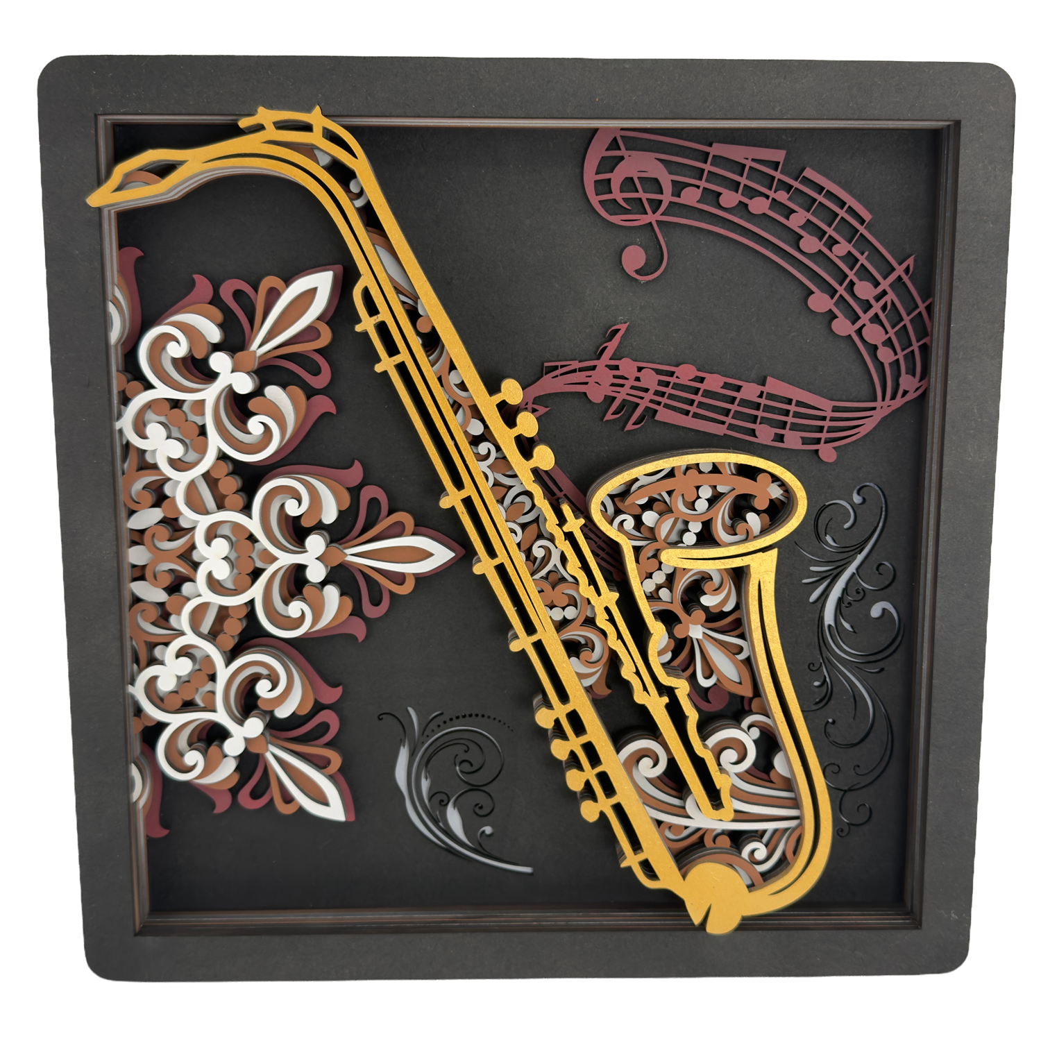 🎷 Saxophon 3D Wandbild | Multilayer Laser Cut | Musik Deko | Musikinstrument Wanddeko | Geschenk für Musiker | 30x30 cm