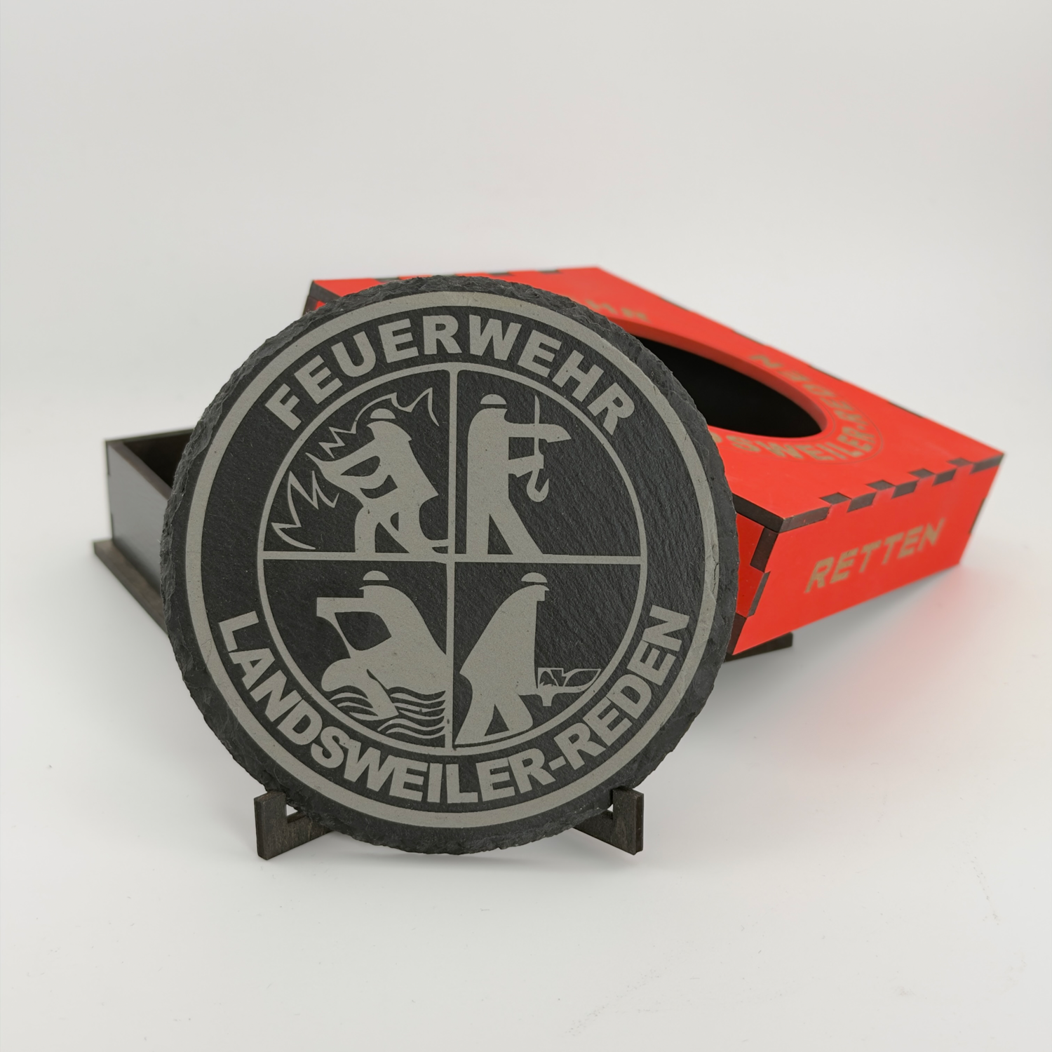 Personalisierte Feuerwehr-Schieferuntersetzer in lasergeschnittener Geschenkbox – 3er Set – Bild 5
