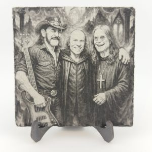 Schiefer Untersetzer „Ossy, Ronnie & Lemmy“ – Rocklegenden vereint