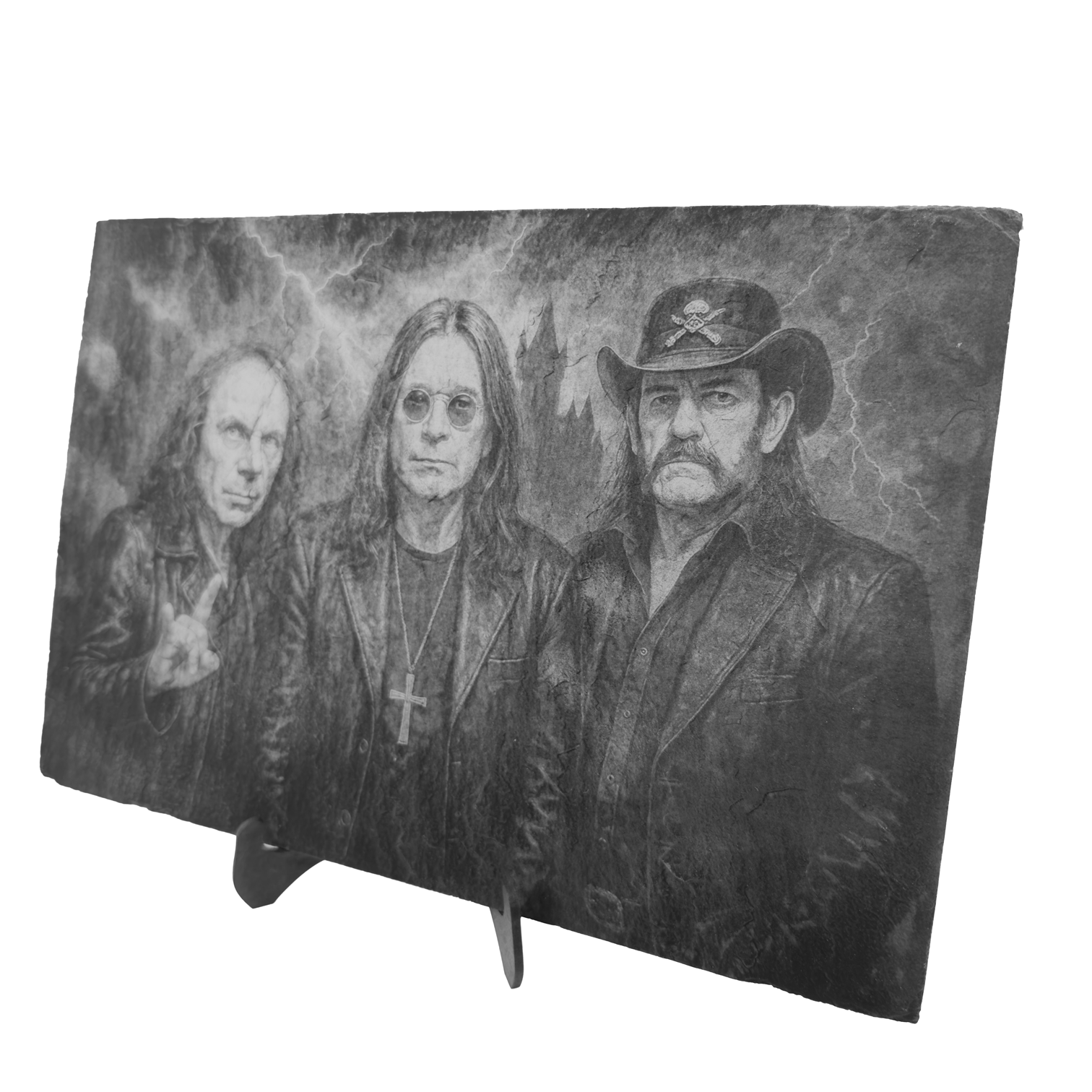 Schieferplatte „Lemmy, Ronnie & Ozzy“ – gelaserte Rock-Deko mit Aufsteller – Bild 4